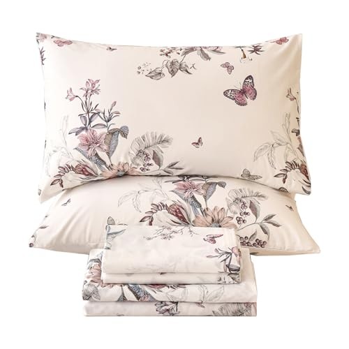 Size Sheet Set Dusty Rose Floral Bed Sheets 100% Cotton Queen Butterfly Blossom