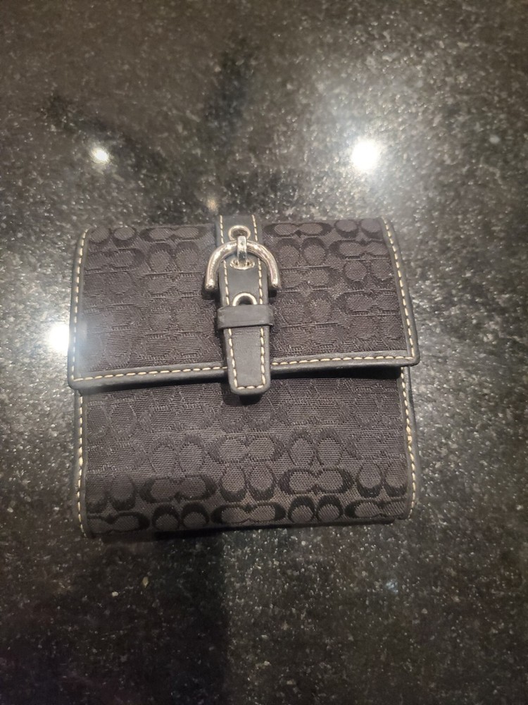 Vintage Coach Mini Signature Black Gray Canvas Bifold Snap Wallet