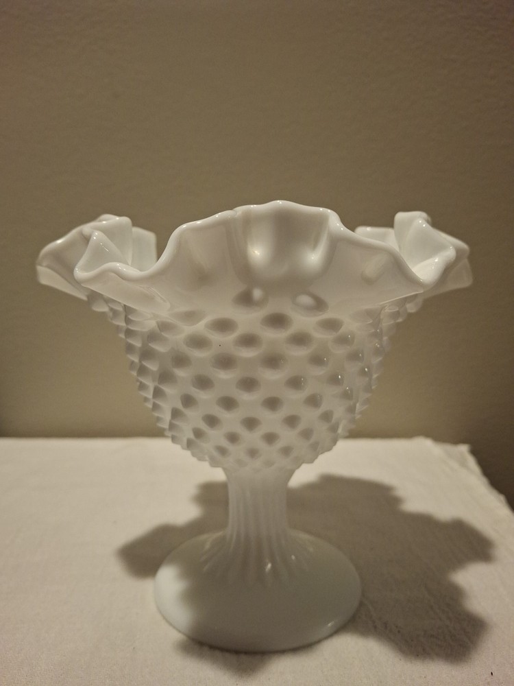 Vintage Fenton White Hobnail Ruffled Edge Glass Candy Dish Compote 5.75 Inches Tall