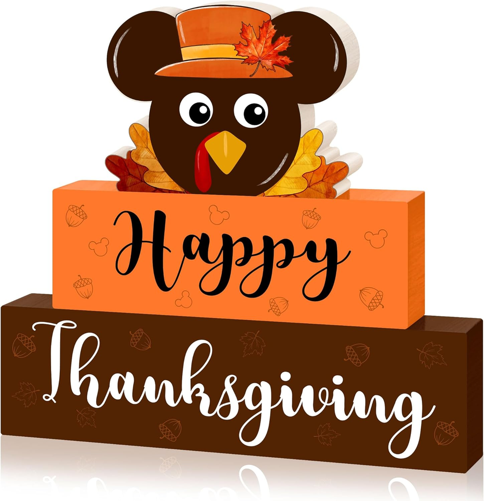 Thanksgiving Table Signs Decorations, Mouse Shaped Turkey Wooden Blocks Table De