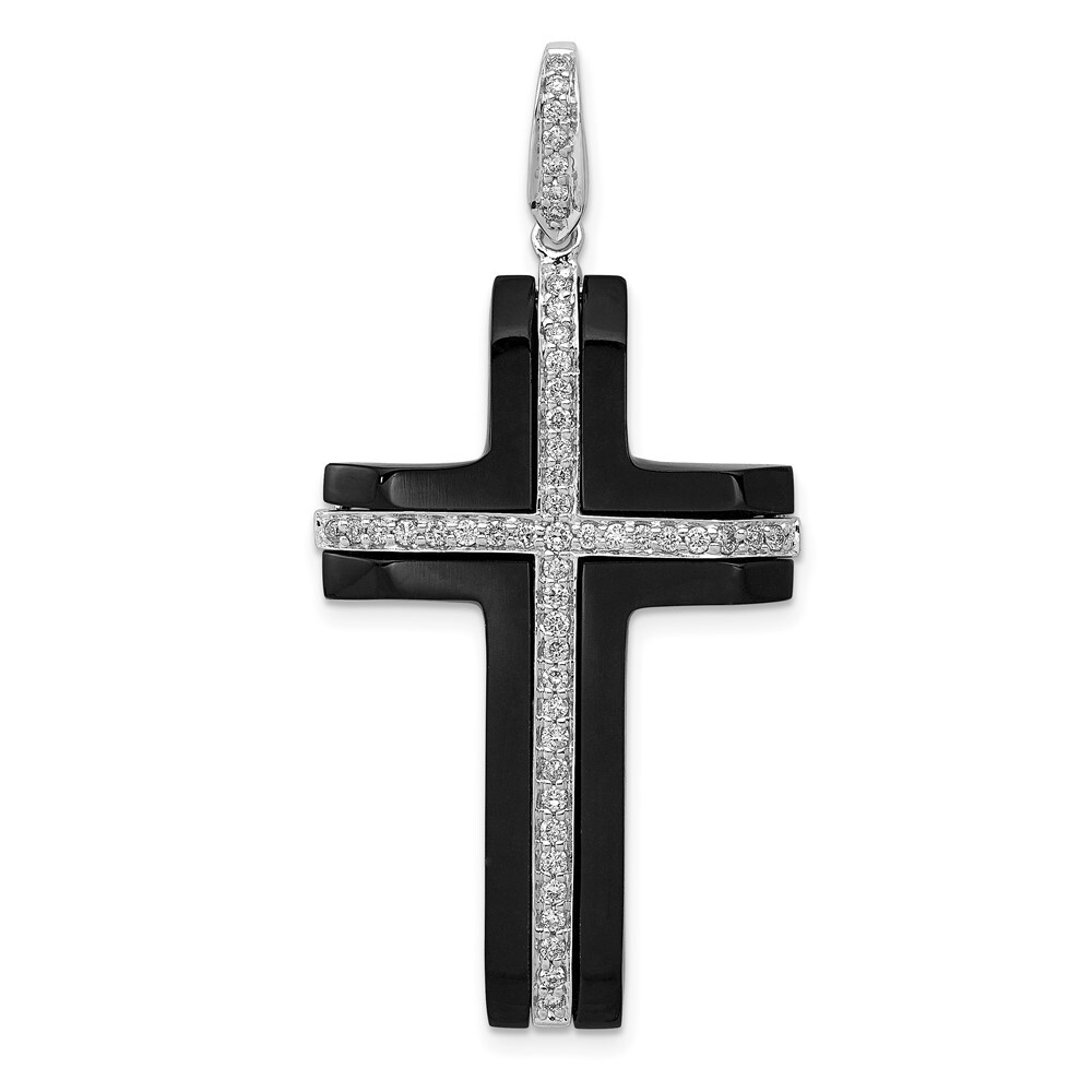 14k White Gold 1/4ct. Diamond and Onyx Cross Pendant L-1.84 Inch 2.38gm
