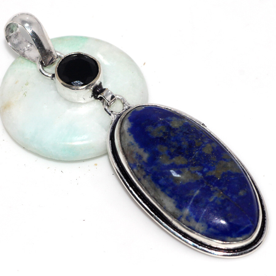 925 Silver Plated Lapis Lazuli Black Onyx Jewellery Pendant Size 2.5