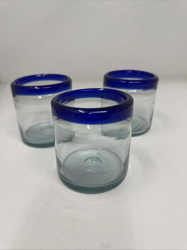 Hand Blown Mexican Blue Rim Tumblers 12 oz Set of 3 for Water or Cocktails