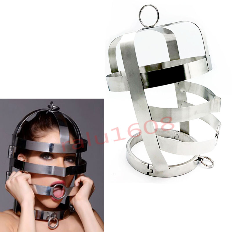 Unisex Stainless Lockable Head Cage Posture Oral Hood Collar Cuffs Restraint
