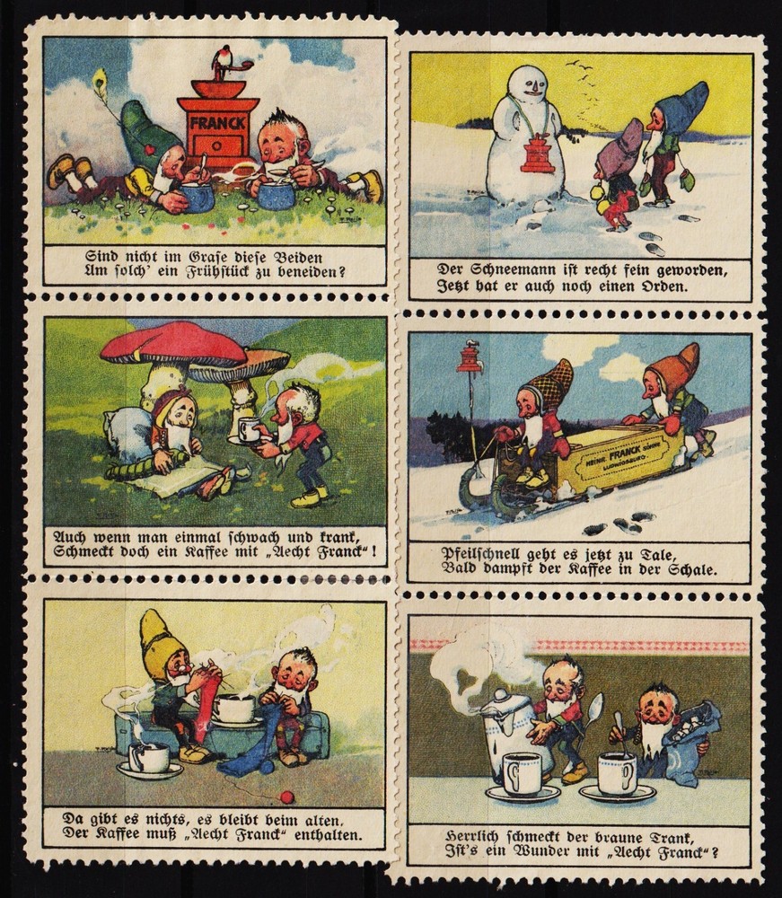6 poster stamps Aecht Franck coffee substitute, humorous gnome scenes        /07