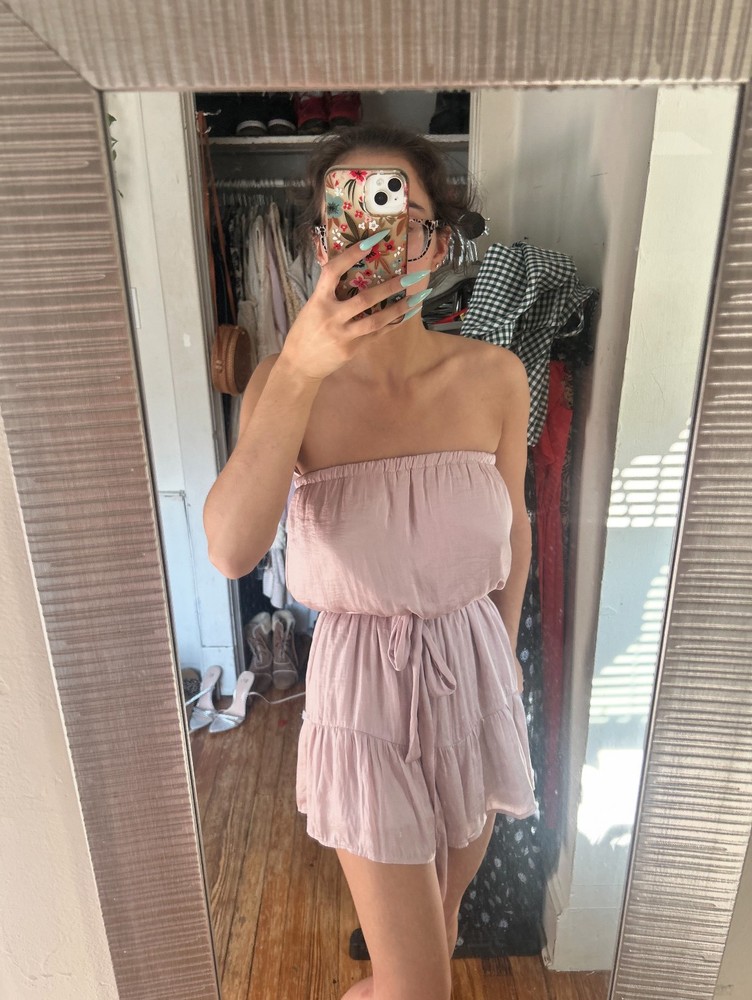 She Sky Romper Jumpsuit Womens Size Med Pink Tie Waist Flowy Summer Ruffle Pleat