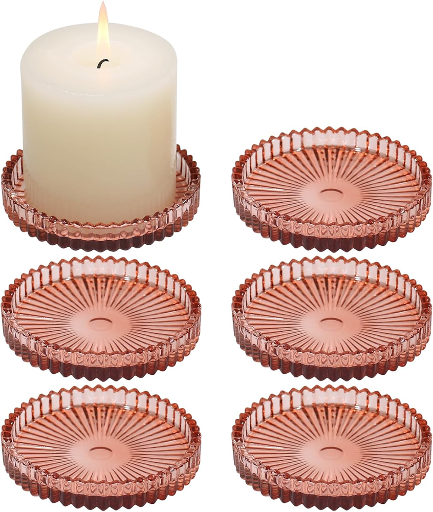 4-inch Glass Pillar Candle Holders Set of 6 with Plates