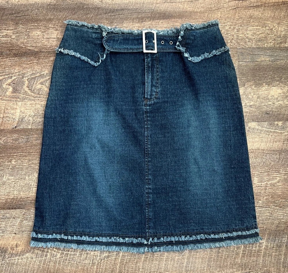 The Blues Denim Skirt Size 18 Frayed Waist Hem Buckle Y2K Retro City Cowgirl