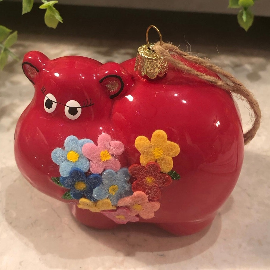 Vintage Red Hippo Glass with Hand-Painted Retro Flowers Glossy Finish  