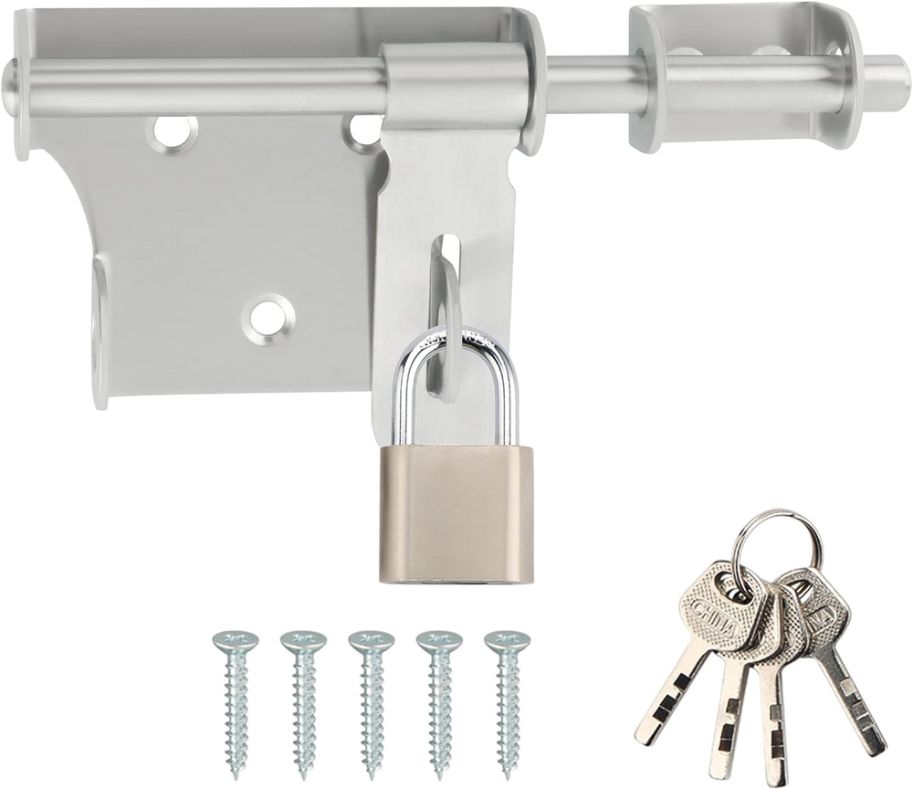 Slide Bolt Gate Latch with Padlock Set,Heavy Duty Barrel Bolts Safety Door Lock,
