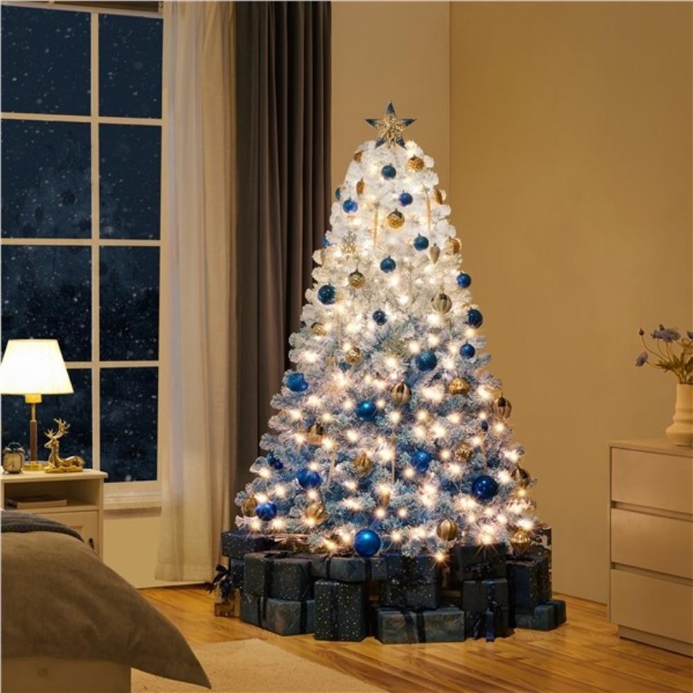 4.5/6/7.5ft Flocked Pre-lit Christmas Tree Xmas Decorations with Foldable Stand