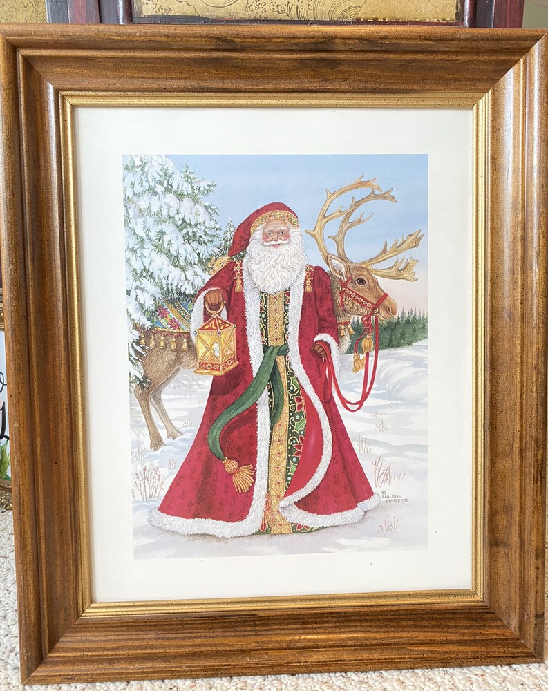 Woodland Santa Christmas Art Print Nadine Harper Wood Framed Deer Lantern