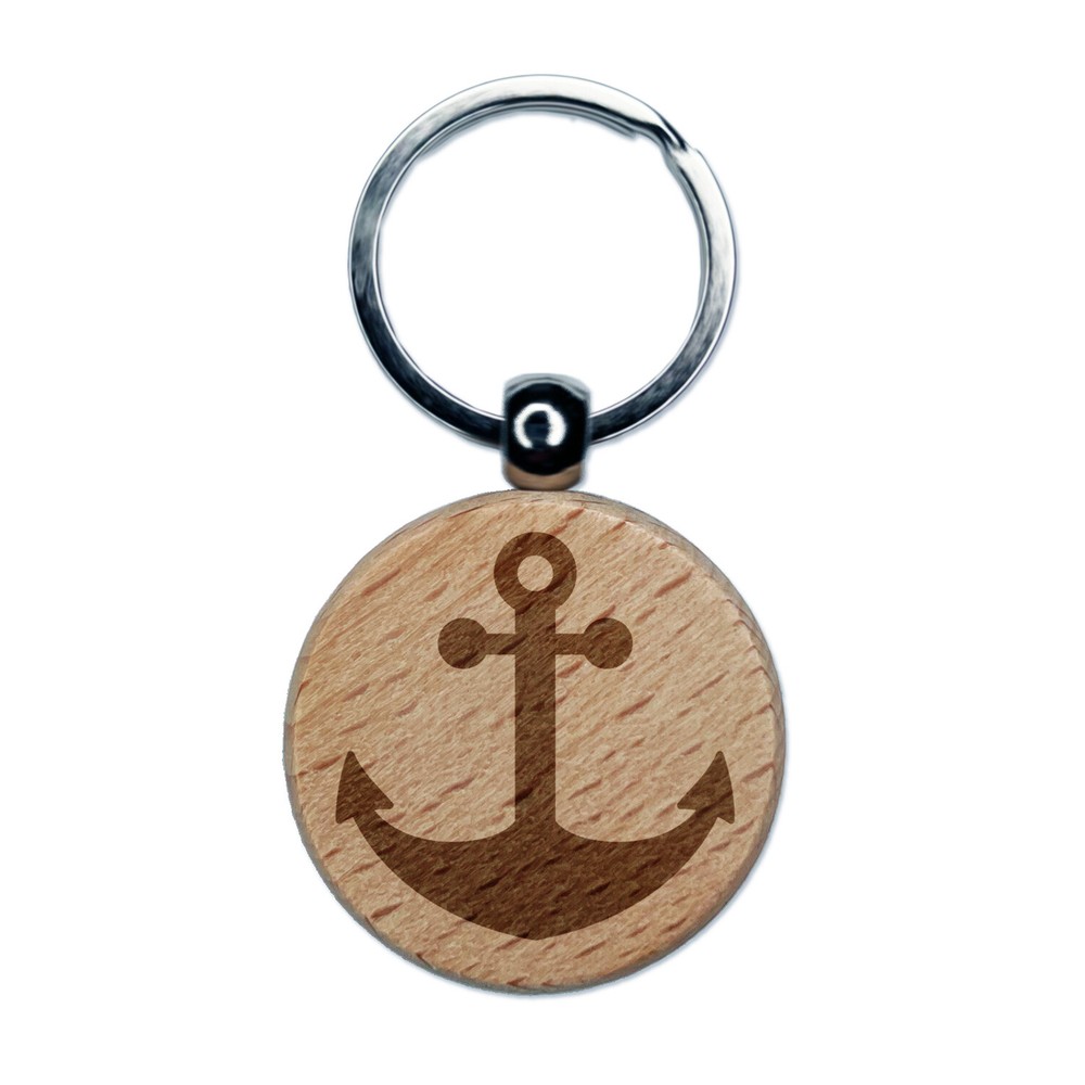 Ship Anchor Nautical Engraved Wood Round Keychain Tag Charm
