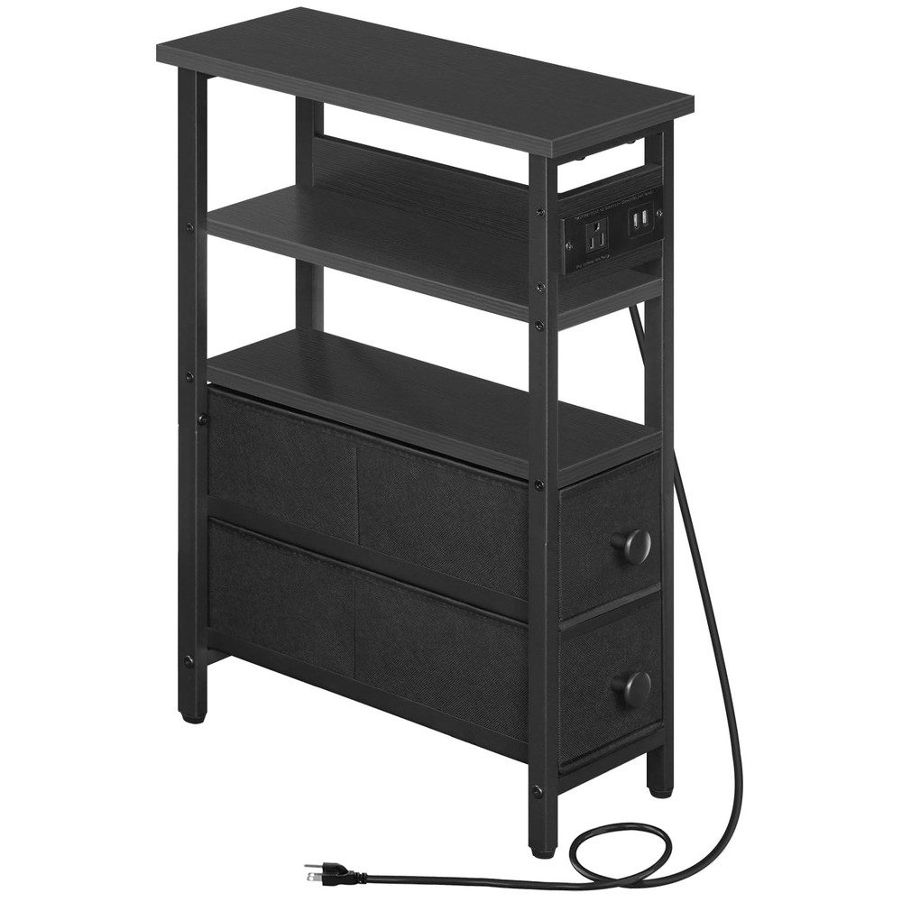 End Table with Charging Station, Narrow Side Table with Fabric Drawers, Slim ...