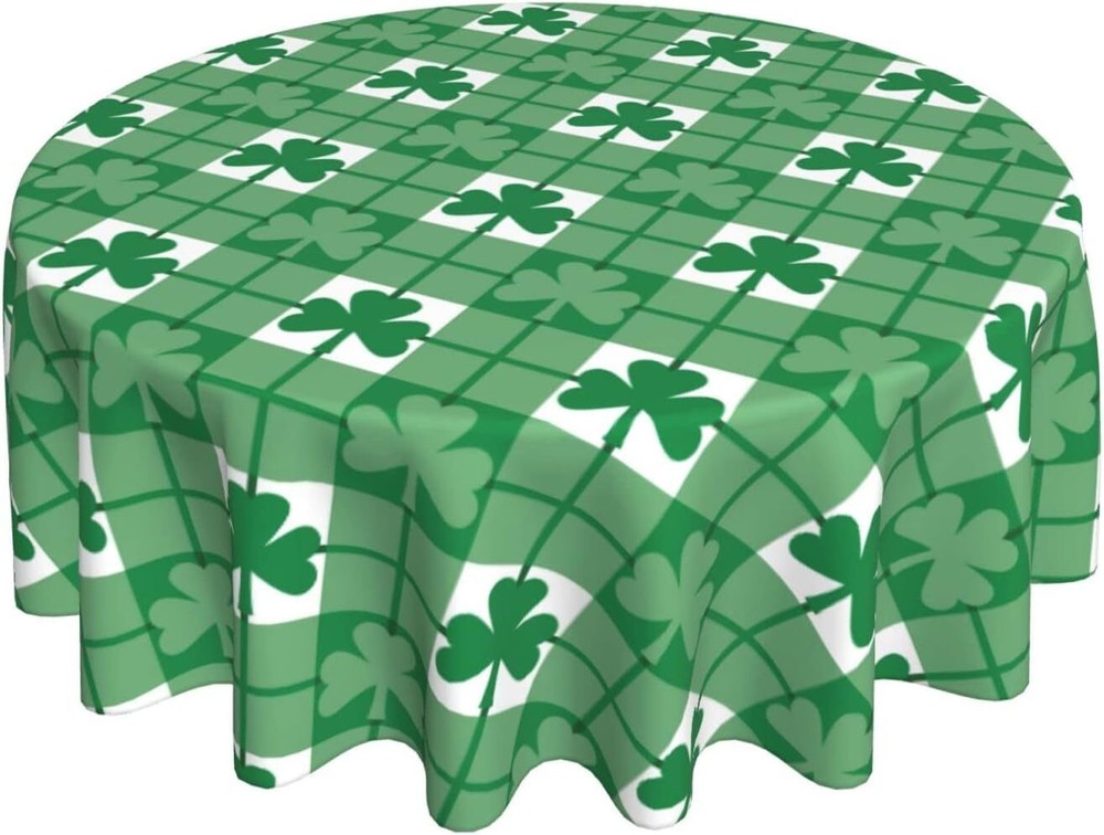 Happy St Patrick''s Day Round Tablecloth 60 Inch Green Shamrock Leaves Lucky Tab