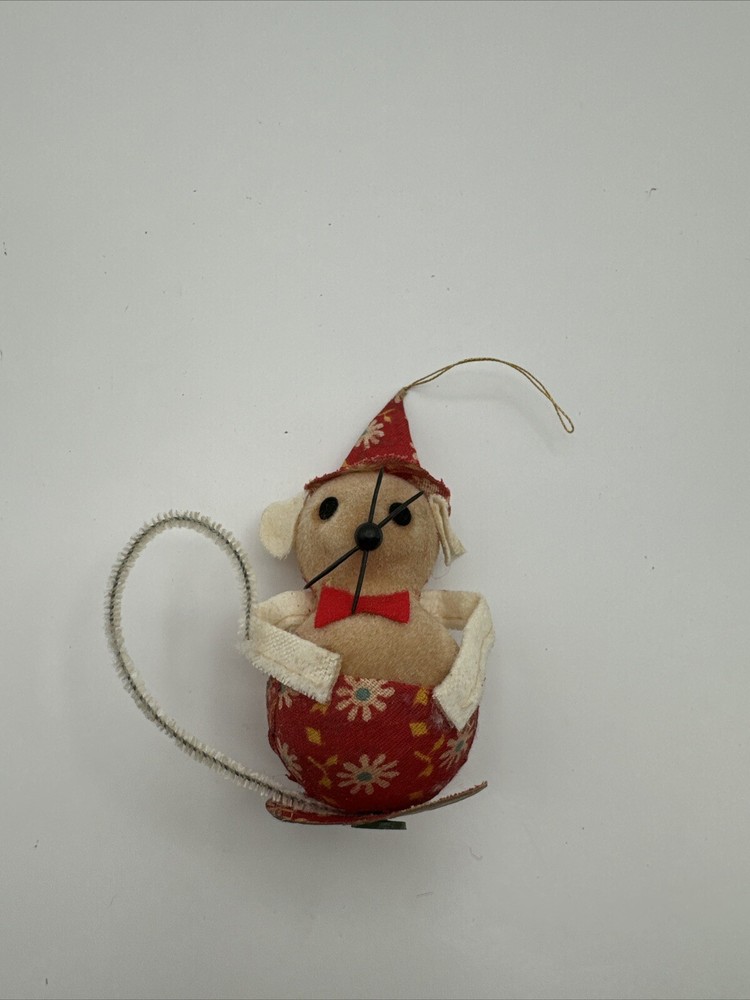 Vintage Christmas Holiday Mouse Felted Plastic Tree Ornament Figure