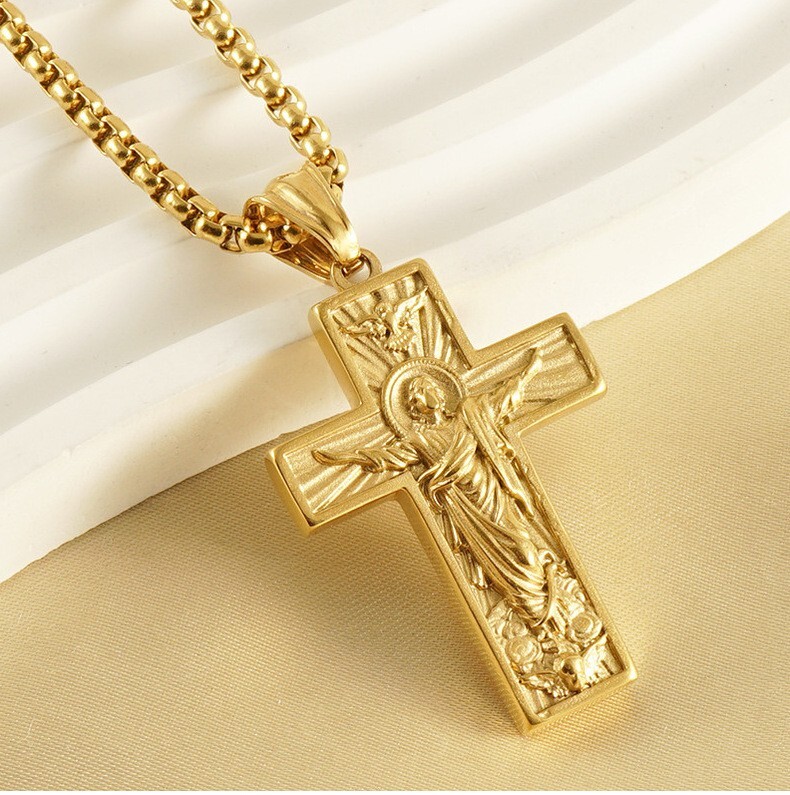 18K Gold Plated Amulet Stainless Steel Jesus Cross Necklace Pendant Jewelry Gift