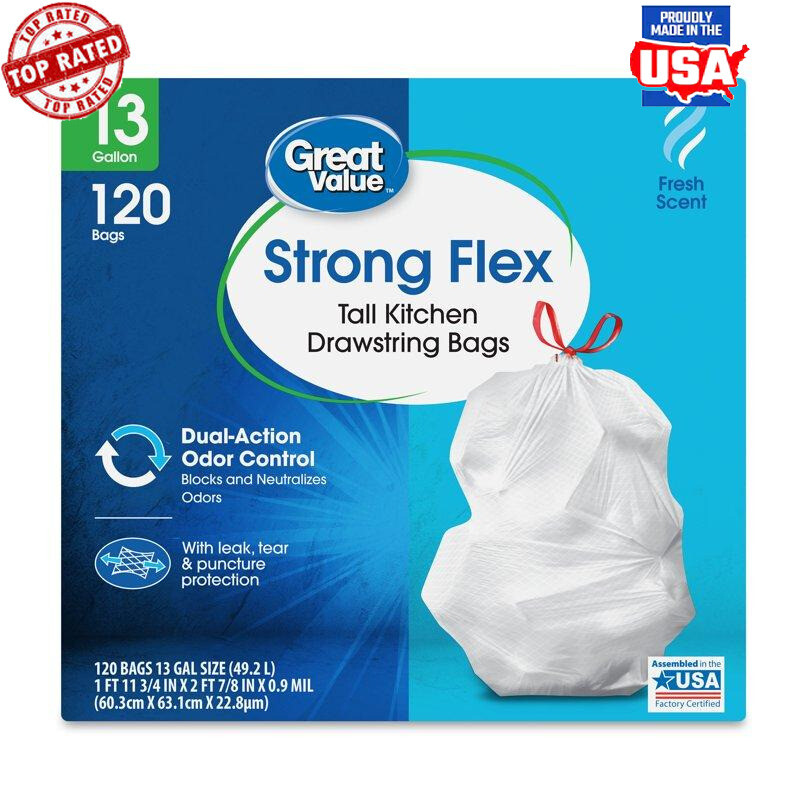 13-Gal Drawstring Trash Bags 120ct Strong Flex Fresh Scent Odor Control New