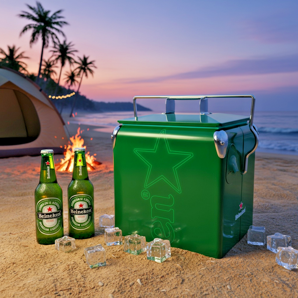 Heineken Metal Cooler Box, Green 14-Quart Classic Ice Bucket for Camping Parties