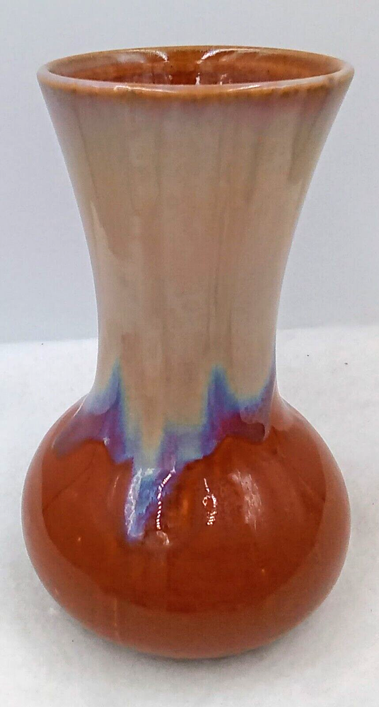 Vintage Brown Drip Glaze Vase with Tan Blue Purple Accents for Floral Decor
