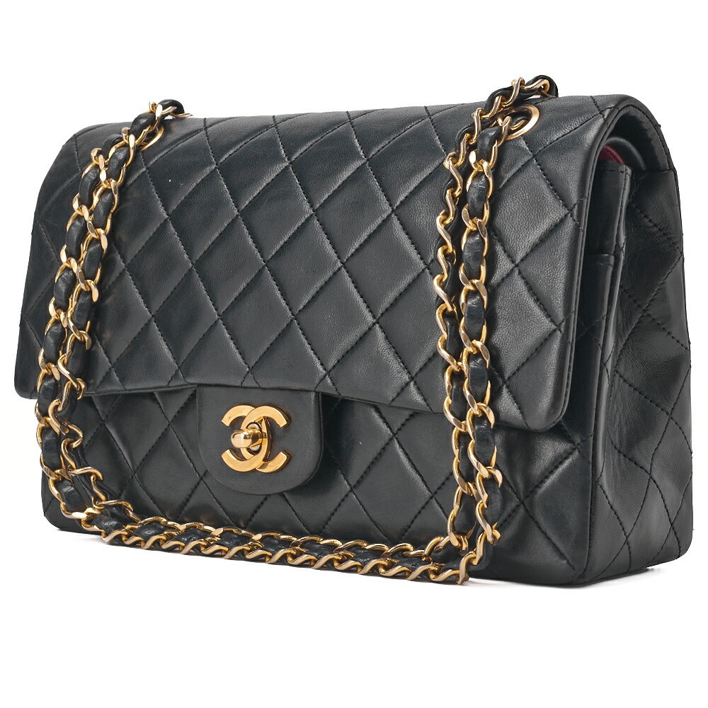 CHANEL Black Lambskin Matelasse Double Flap Shoulder Bag with Chain 25cm