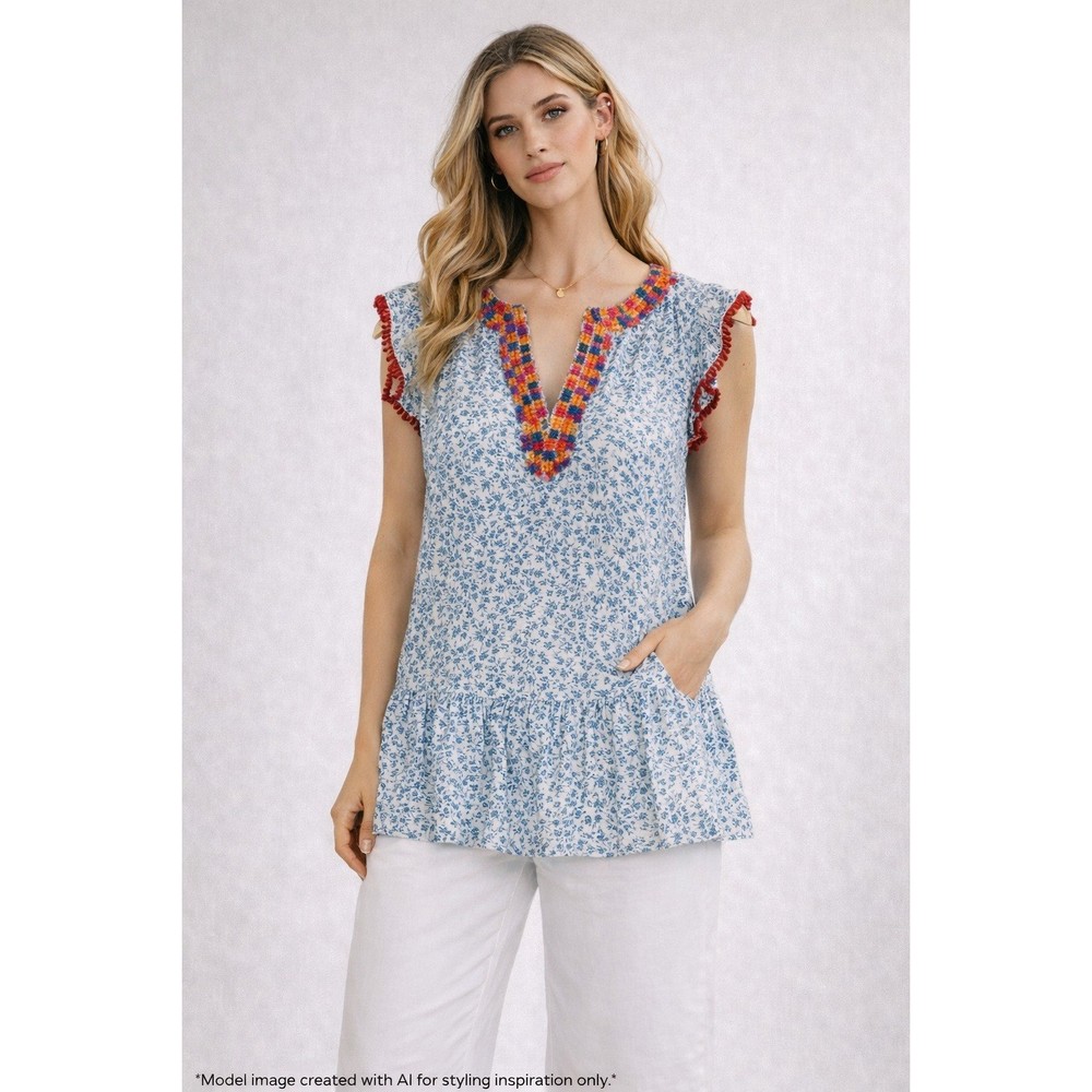 THML Embroidered Boho Peasant Top Floral Blouse Tassel Trim Small