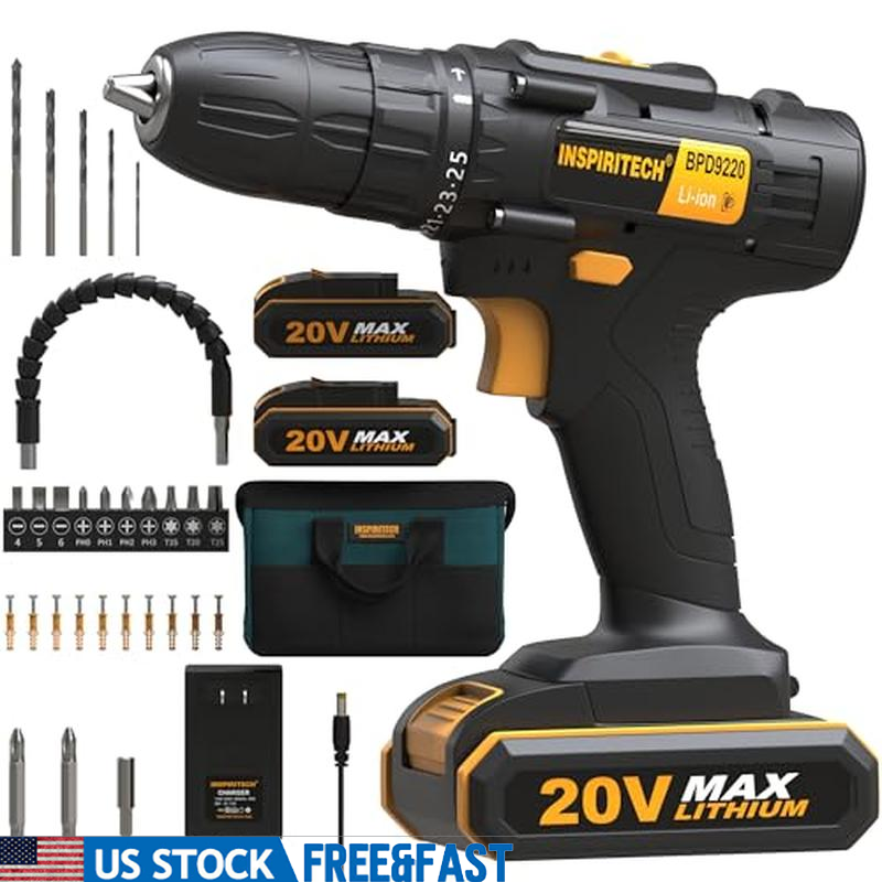 20V Cordless Drill 320 In-lbs Torque 2 Batteries Fast Charger LED Light Tool Bag