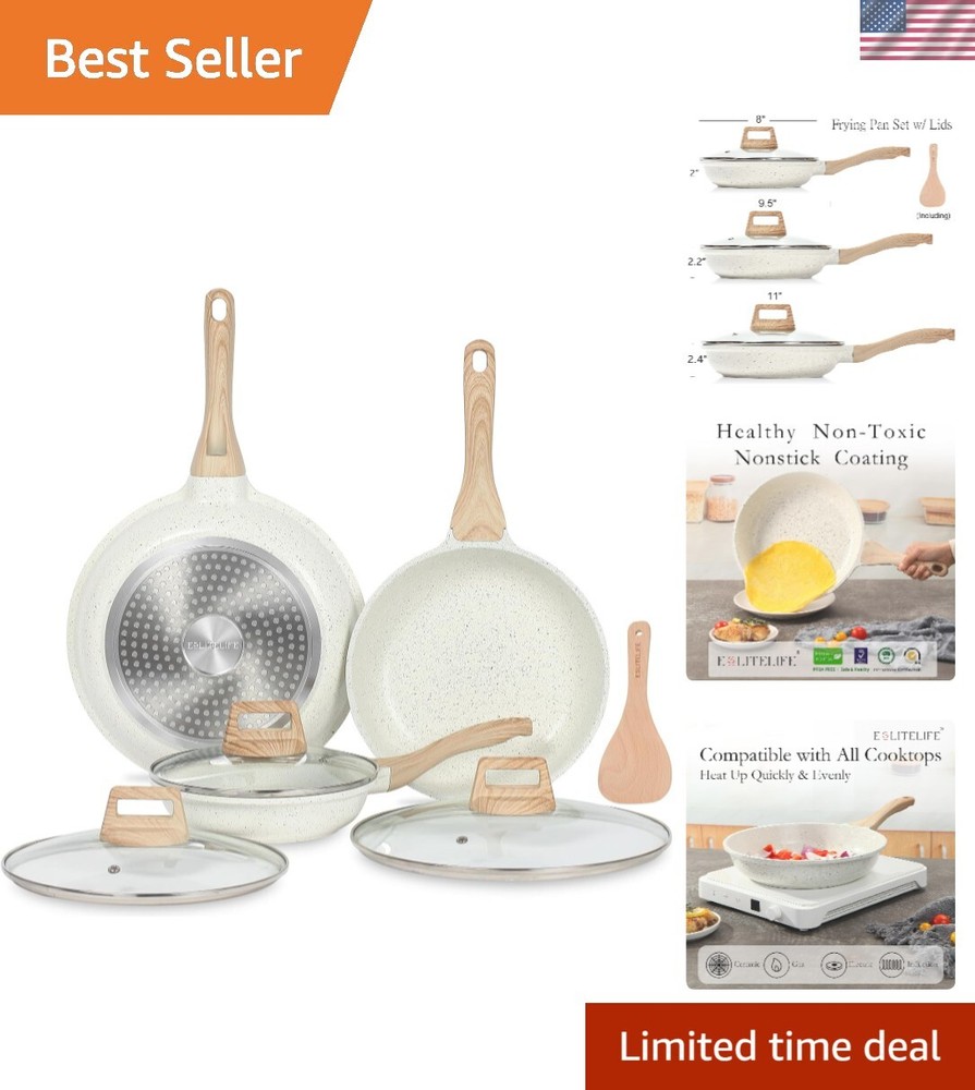 Nonstick Ceramic Frying Pan Set with Lids, Non-Toxic Egg Omelette Skillet for Healthy Cooking