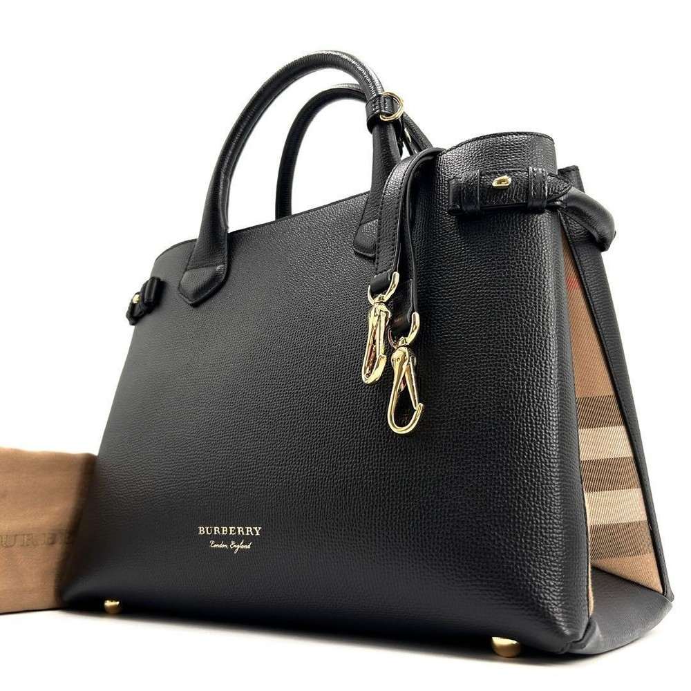 Kiwami Burberry Banner Tote 2Way Mega Check Logo Leather Black