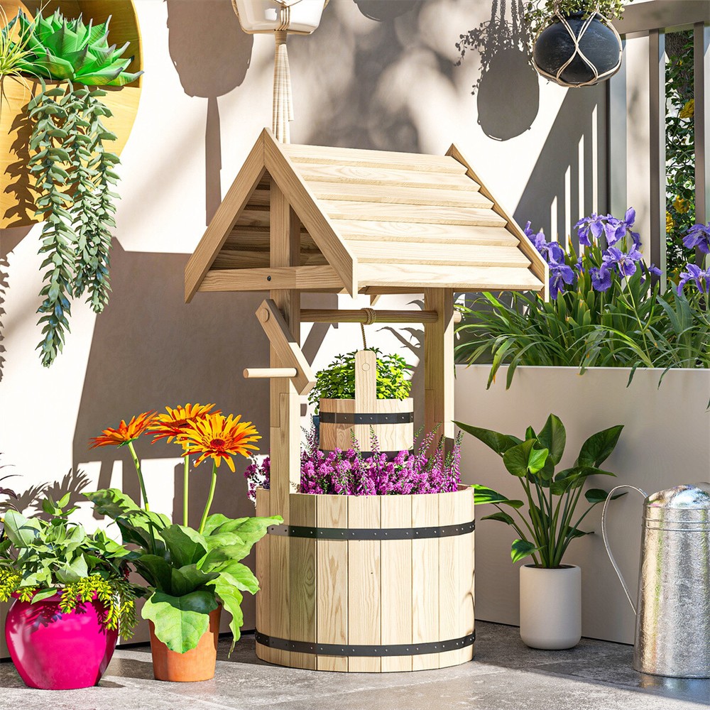 Wooden Garden Bed Planter with Decorative Wishing Well for Outdoor Decor