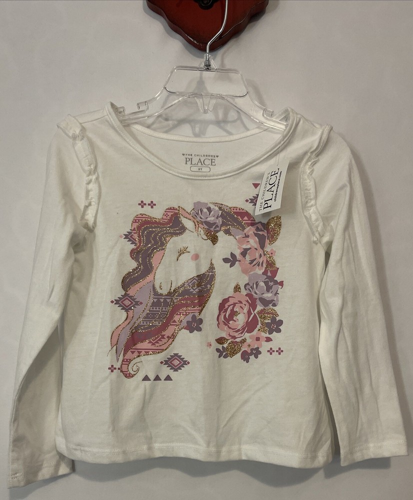 The Children’s Place Girls 2t Ivory Unicorn Glitter Long-Sleeve Shirt NWT! A2079