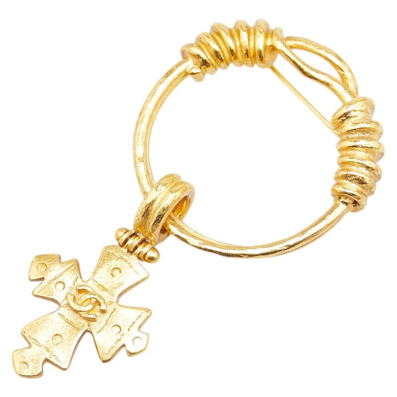 Chanel Vintage Coco Mark Cross Brooch Gold Plated 771346