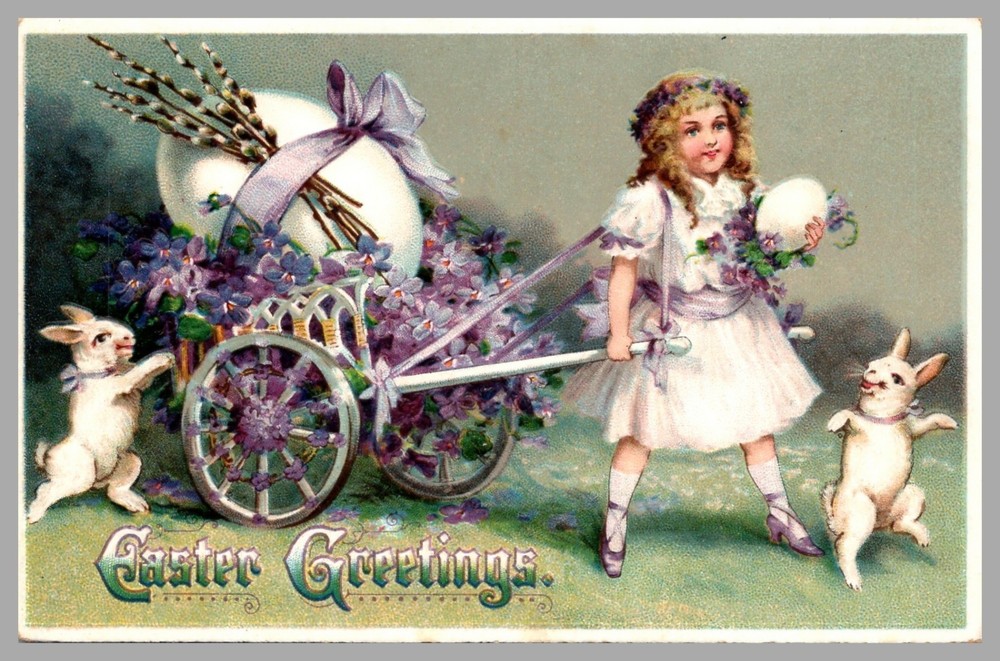 Easter Greetings Girl With Flowers Cart & Egg Rabbits Embossed DB c1910 Postcard