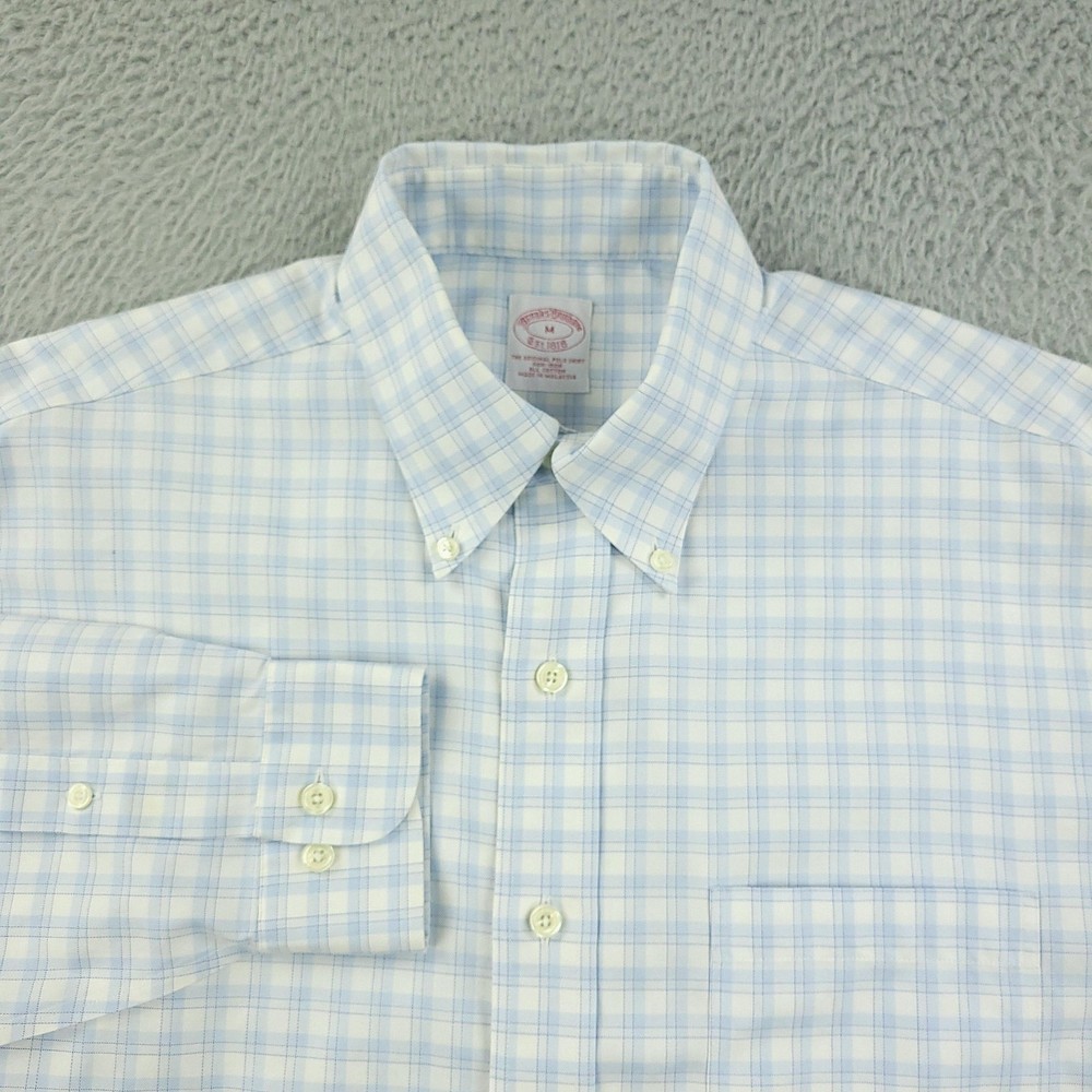 Brooks Brothers Dress Shirt Mens Medium Blue Check Button Down Non Iron Cotton