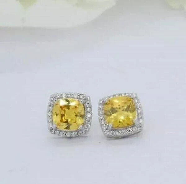 4Ct Cushion Yellow Citrine Diamond Halo Stud Earrings in 14K White Gold