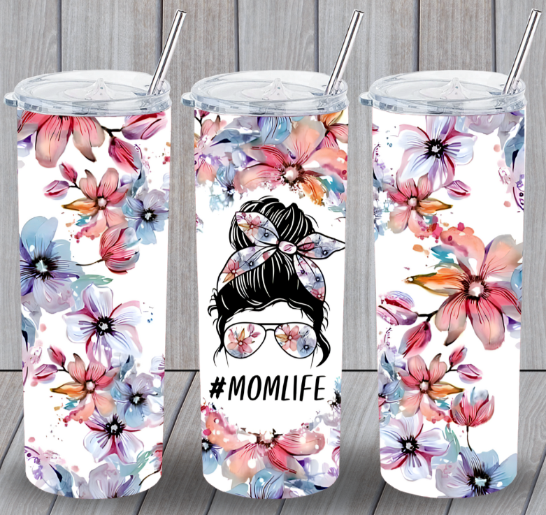 MOM LIFE 08 Flowers Multicolor 20oz Insulated Tumbler Box Lid Clear Straw New