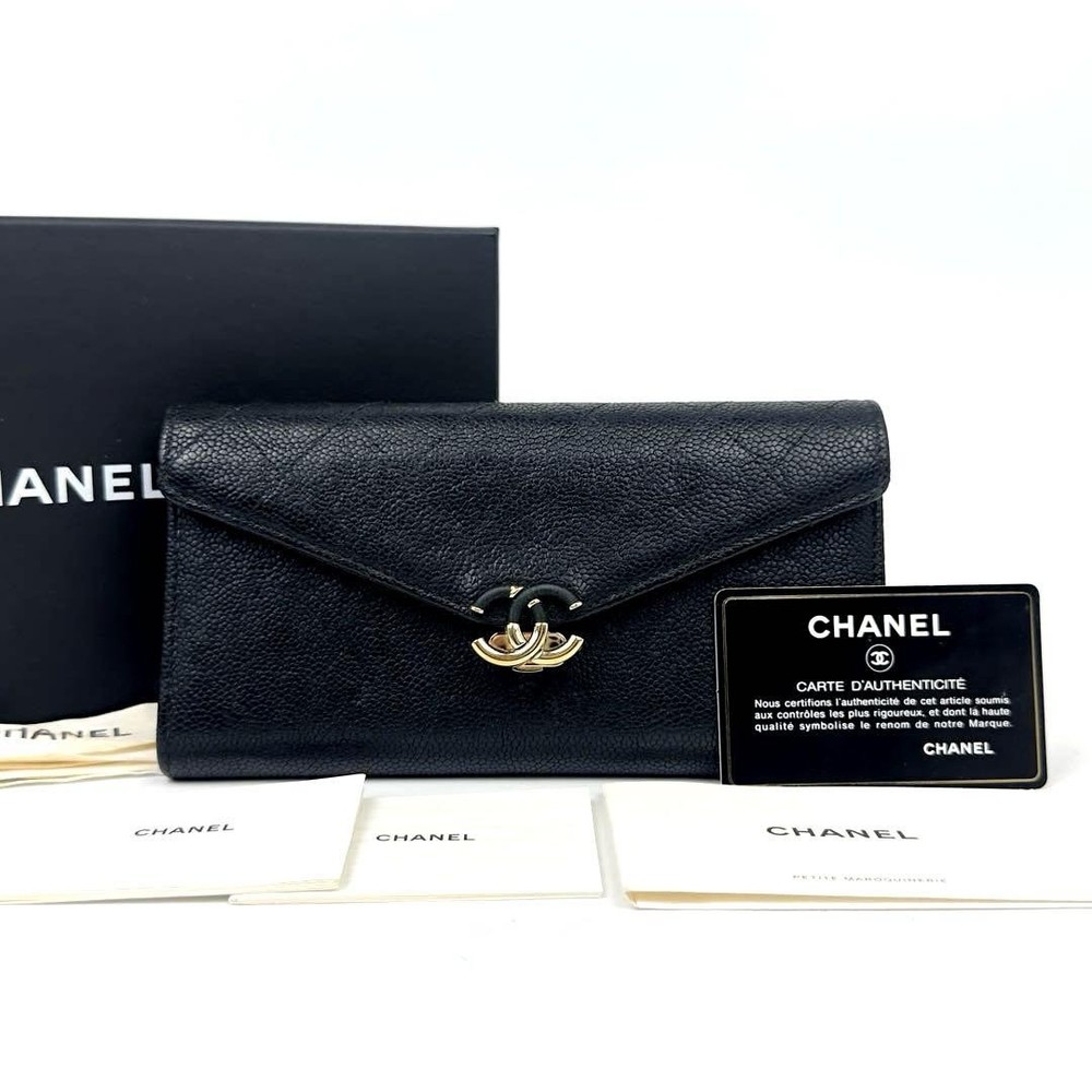 Chanel Black Coco Caviar Skin Long Half Wallet