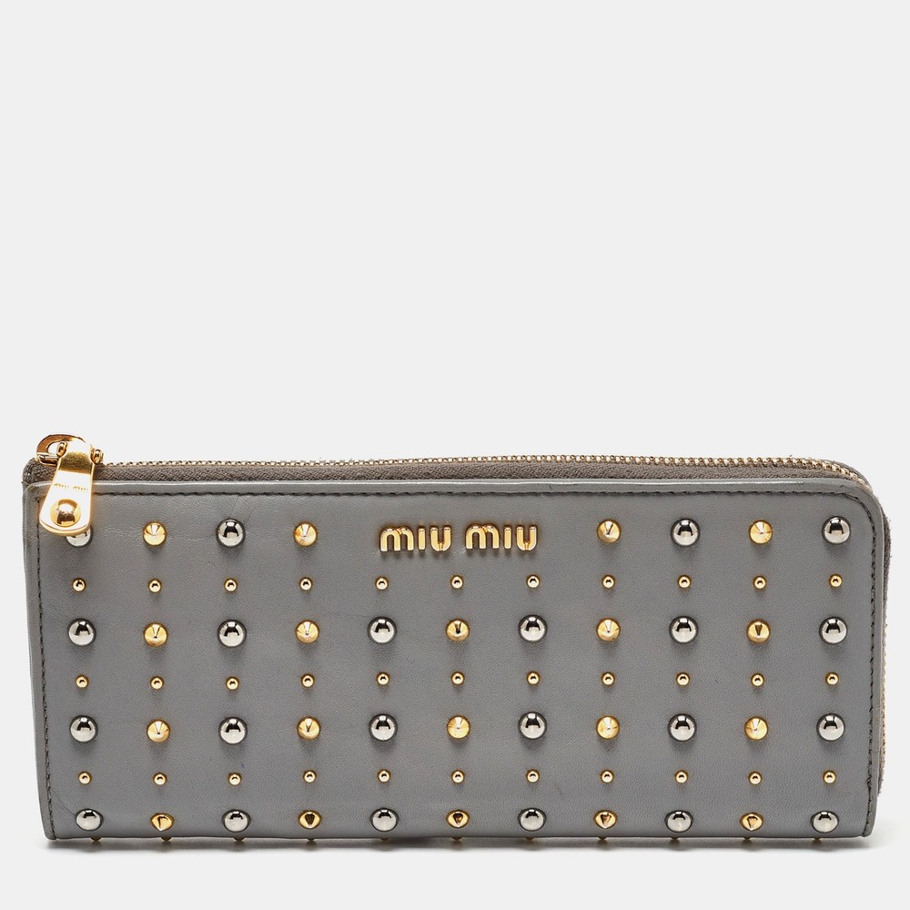 Miu Miu Grey Leather Studded Zip Continental Wallet with Stud Detailing  