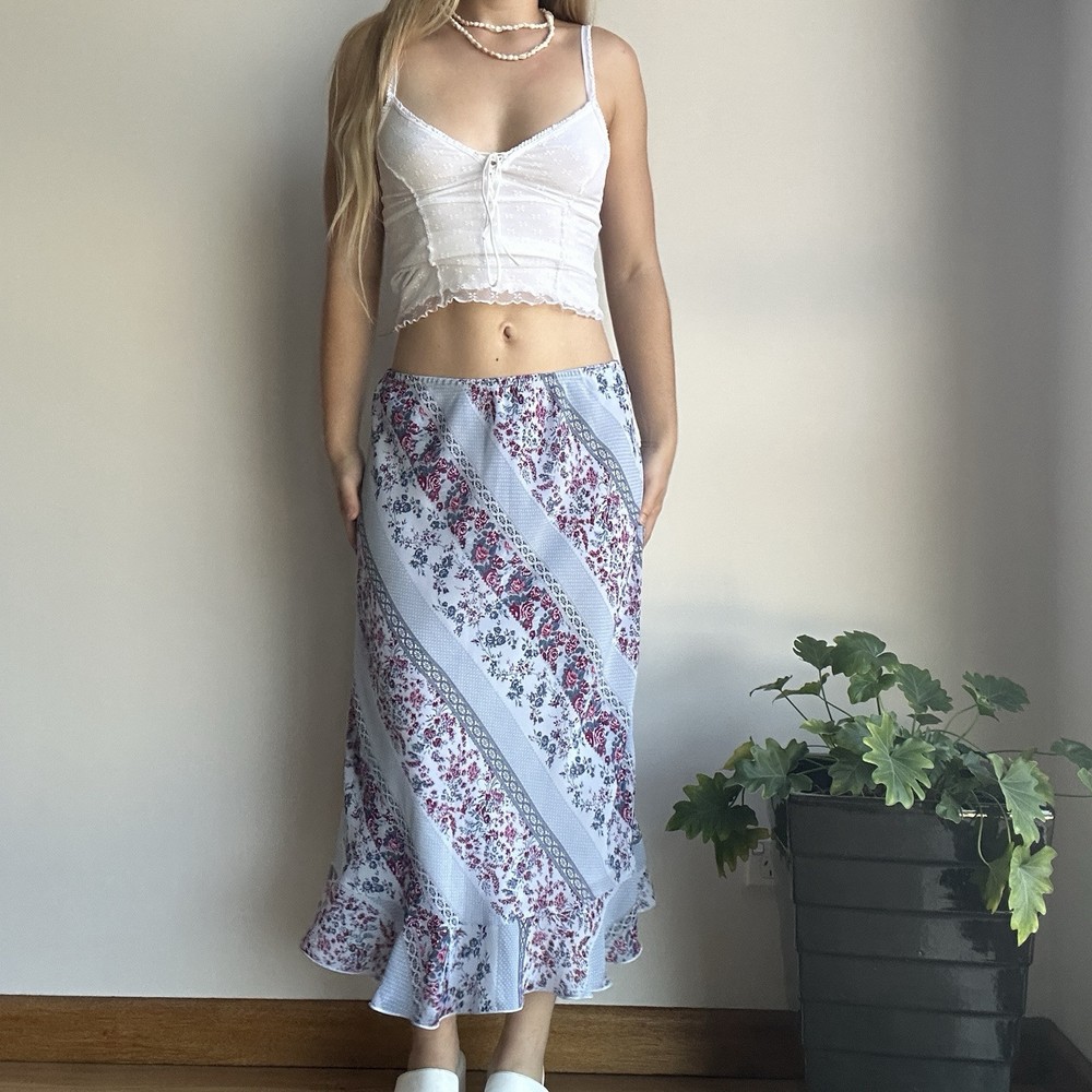 Blue Floral Ruffle Hem Midi Maxi Slip Skirt for Women - Size 12