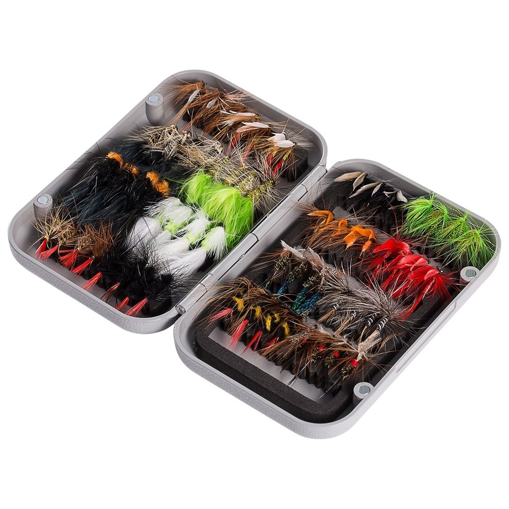 Fly Fishing Flies Kit - 64 Assorted Dry Wet Nymphs Streamers & Box