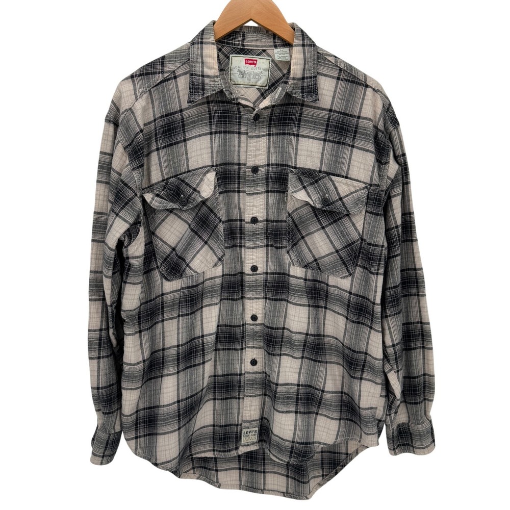 Levi's Flannel Shirt Mens Large Tan Black Plaid Button Up White Tab Vintage