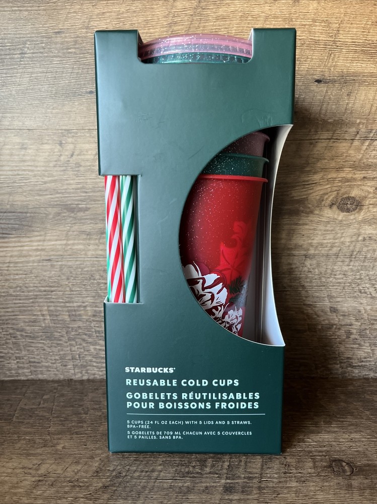 Starbucks Elegant Floral Christmas Reusable TO GO Cold Cups 5 pk Straws Lids NEW