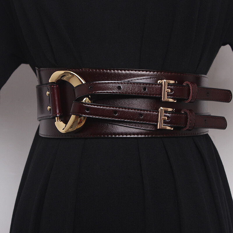 Women’s Genuine Cowhide Leather Corset Belt with Double Prong Buckle – Stylish Wide Waistband