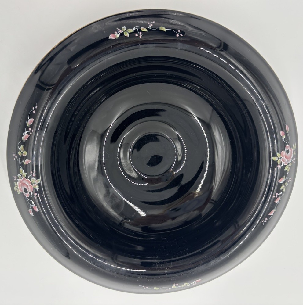 Vintage Fenton Art Glass black ebony hand painted by P. Miller,pink roses design