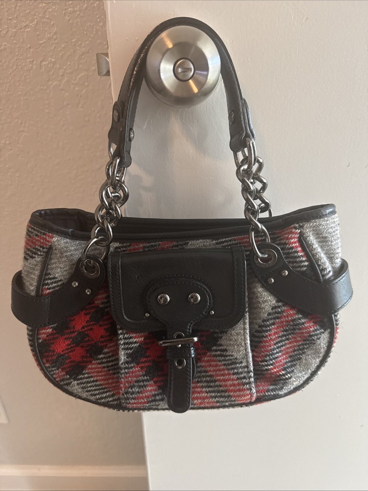 BURBERRY Nova Check Chain Blue Label Hand Bag Wool Gray Silver