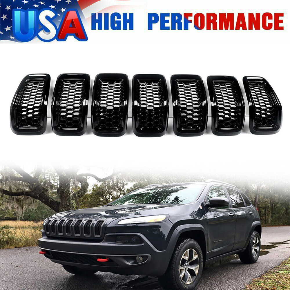 7PCS Front Grill Mesh Inserts Honeycomb for 2014-2018 Jeep Cherokee Gloss Black