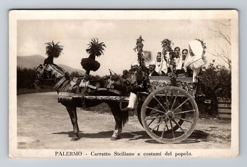 Italy- Palermo Decorated Cart With Sicilian People Souvenir Old Vintage Postcard