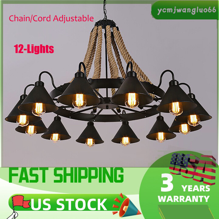 12-Lights Rustic Farmhouse Chandelier Industrial Pendant Hemp Rope Ceiling Lamp