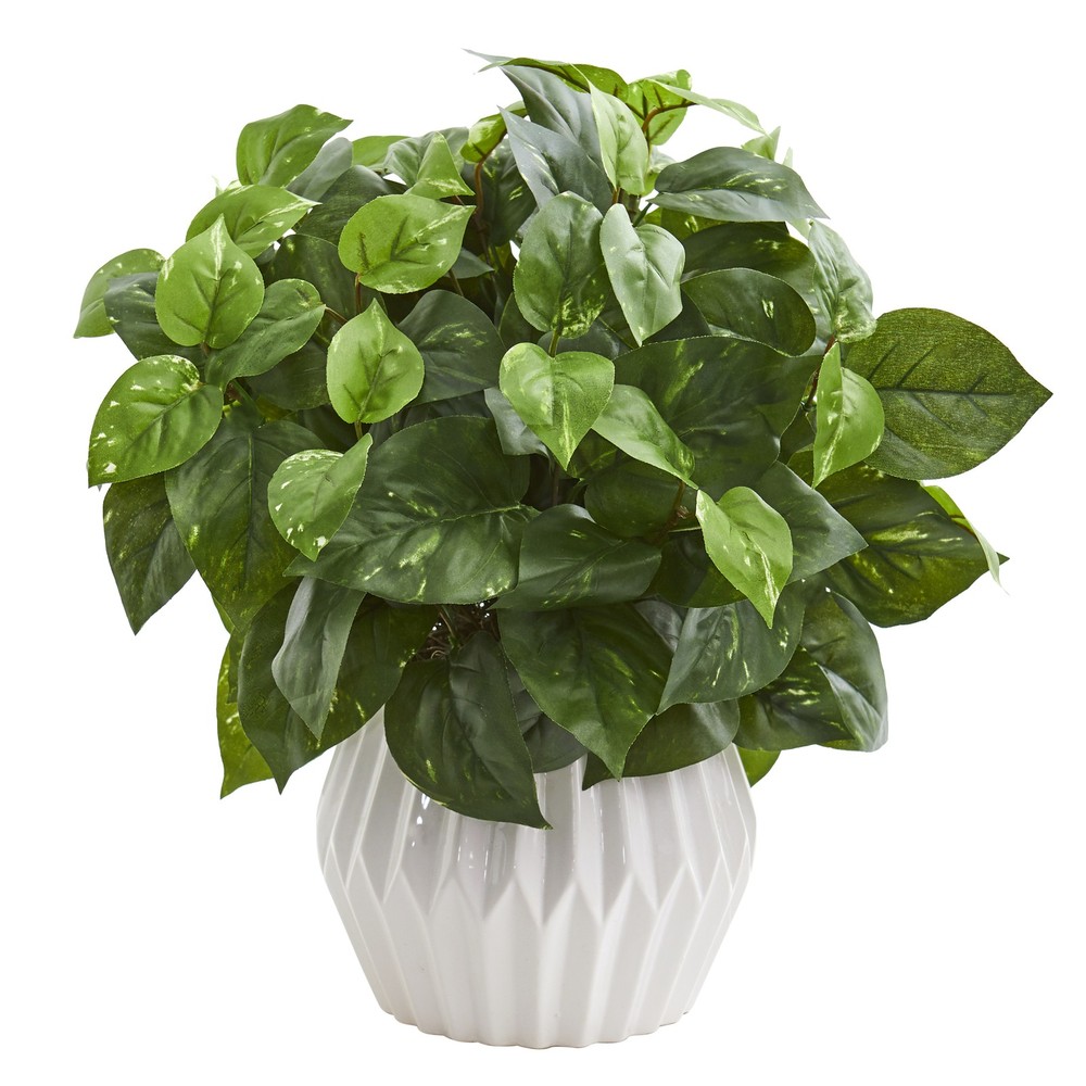 16-inch Artificial Pothos Plant in White Ceramic Vase for Home Decor