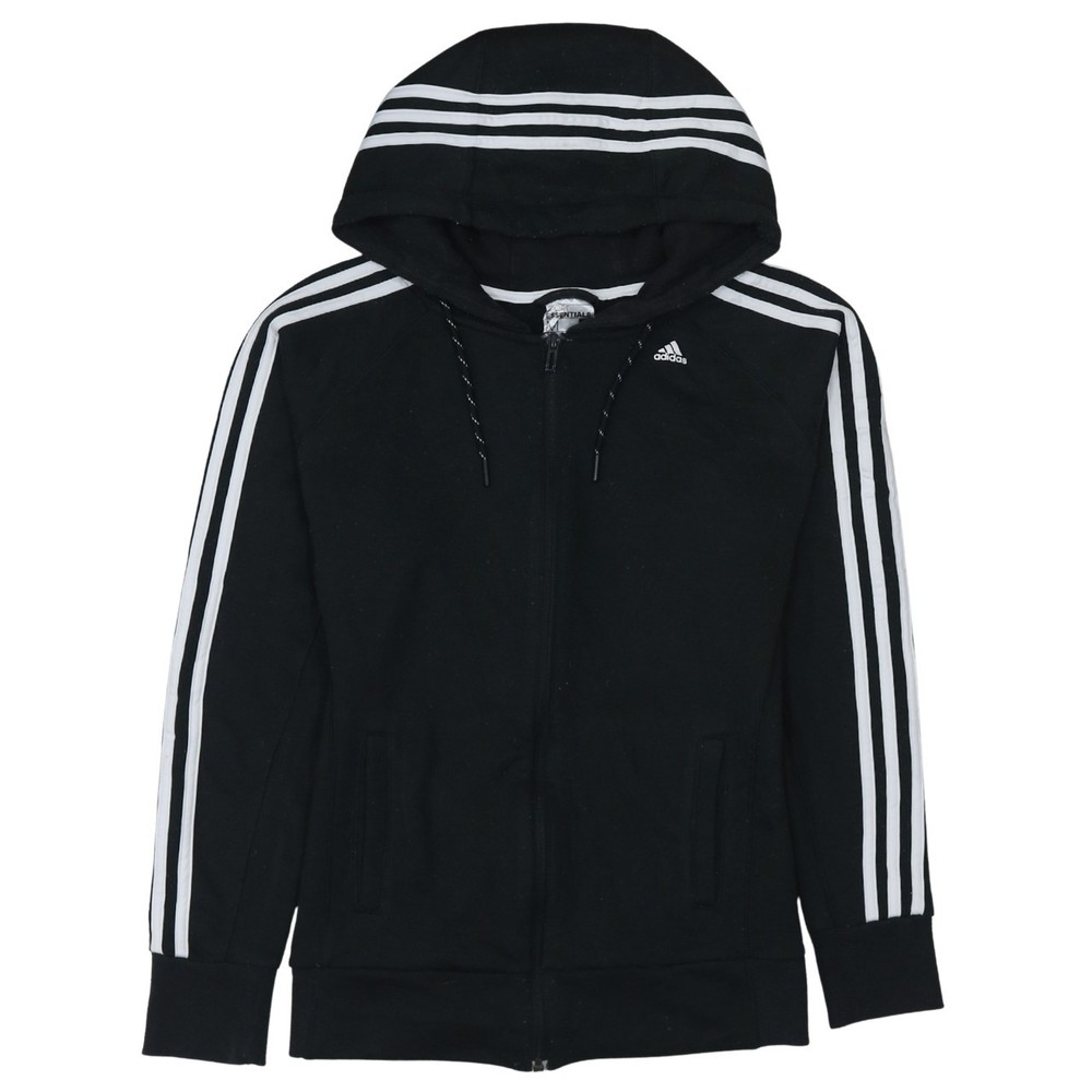 Adidas Womens Hoodie Black Fleece Full Zip Hooded Striped Embroidered Logo M